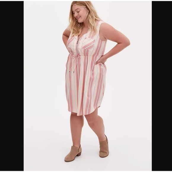 Torrid Mini Shirt Challis Dress 2X 18 20 Pink Stripe Zip Front Sleeveless READ - Picture 3 of 16